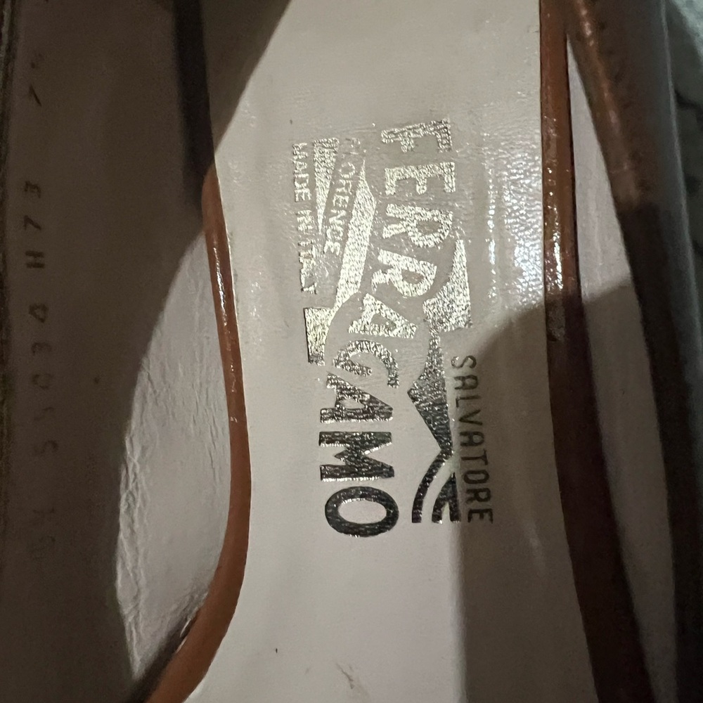 Salvatore Ferragamo Brown and Cream Flats with Gold Accents - Picture 6 of 11